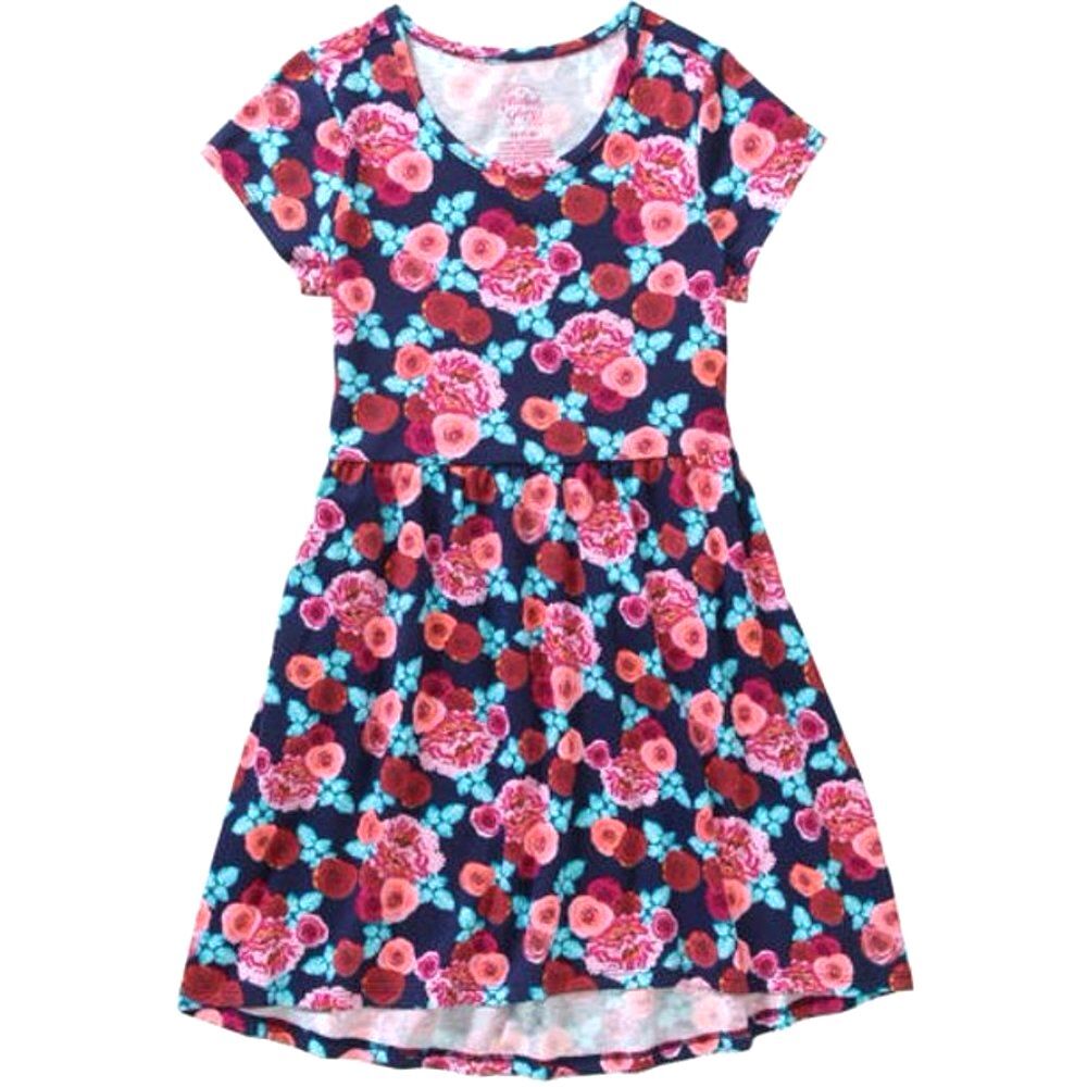 Faded Glory Floral Hi‑Low T‑Shirt Dress Girls XS 4/5 Navy Blue Flawed